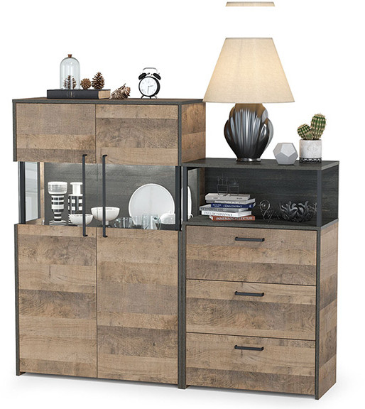 Трувор 13.306 Комод с витриной + 13.307.02 Комод с ящиками, цвет дуб гранж песочный/интра, ШхГхВ 151,8х37х135,3 см., универсальная сборка