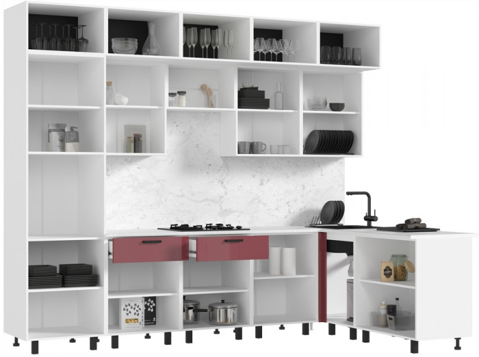 Кухня Техно 3,0х1,8/1080м Компоновка №8, Белый/Марсала глянец