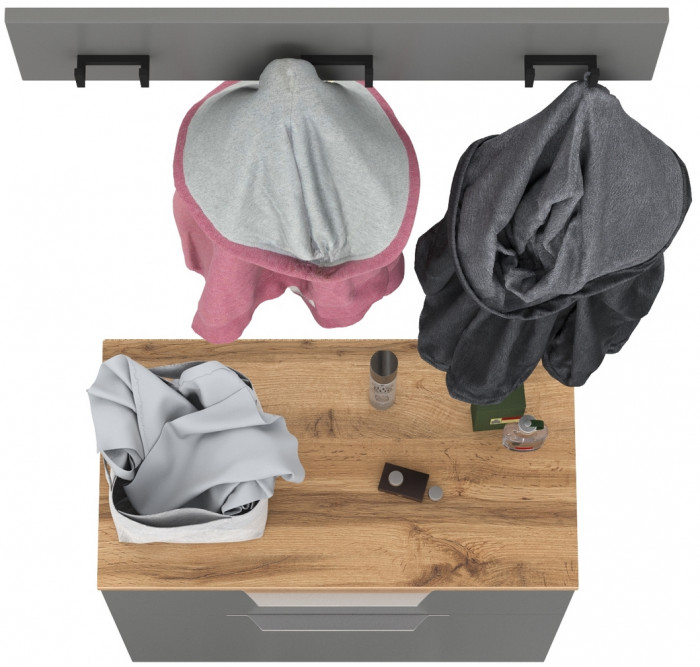 Октава 16.127 Тумба для обуви + 15.14.02 Вешалка, цвет серый графит/дуб крафт золотой/фасады МДФ серый графит, ШхГхВ 64,9х35,4х180 см.