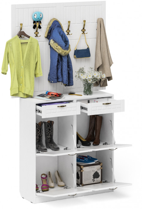 Прихожая П-6 Компоновка № 04, цвет белая шагрень/фасады МДФ белое дерево фрезеровка прованс, ШхГхВ 120х35х200 см.