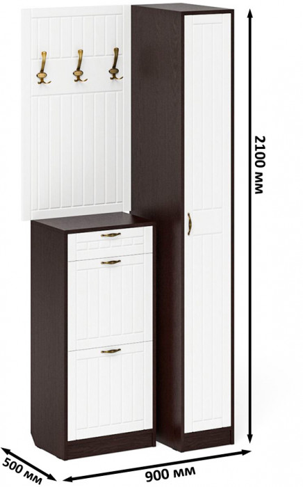 Прихожая П-6 Компоновка № 44, цвет венге/фасады МДФ белое дерево фрезеровка прованс, ШхГхВ 90х50х210 см., универсальная сборка