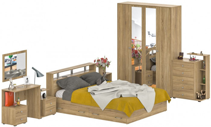 Камелия спальня № 10 Кровать с ящиками 1600 + Две тумбы + Стол косм. + Зеркало + Комод + Шкаф, дуб сонома