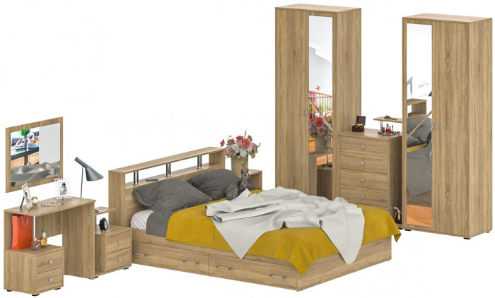 Камелия спальня № 10 Кровать с ящиками 1600 + Две тумбы + Стол косм. + Зеркало + Комод + Шкаф, дуб сонома