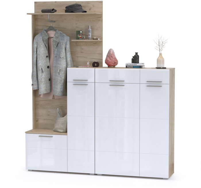 Лайн Прихожая № 05, дуб крафт серый/фасады МДФ белый глянец