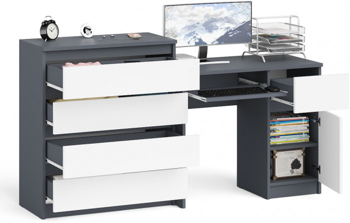 Мори компьютерный стол МС-1 правый + Комод МК800.4, графит/белый