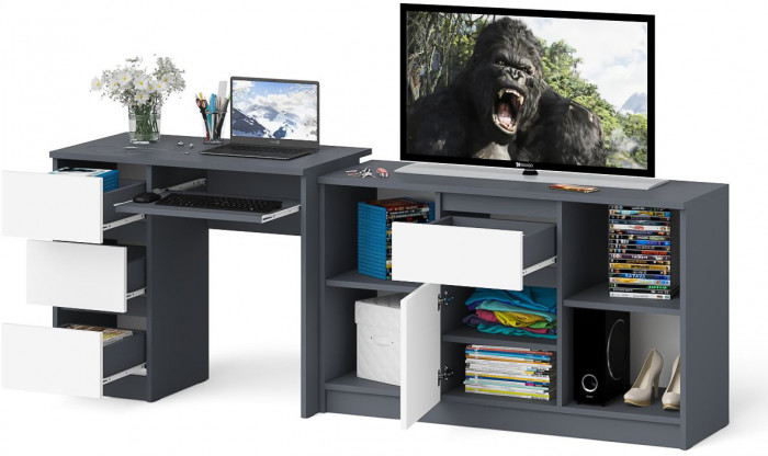 Мори компьютерный стол МС-6 левый + Тумба МТВ1204.1, графит/белый