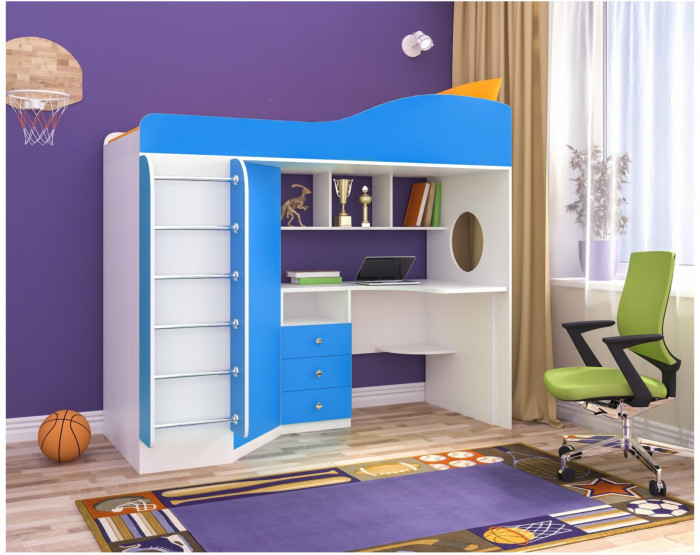 Кровать-чердак Кадет 1 с металлической лестницей (Белое дерево/Голубой)