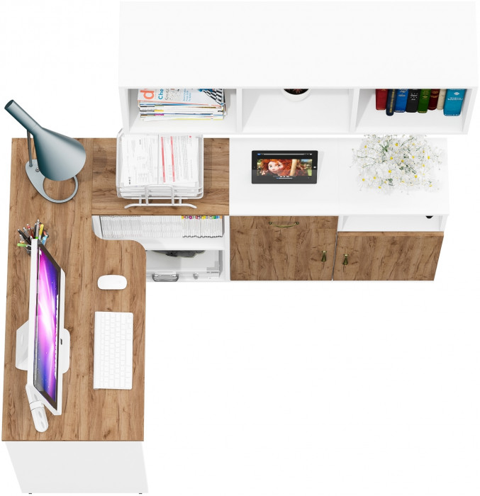 Лидер-8 Стол + Полка + Тумба МД 3.15 + Тумба МД 3.19, цвет белый шагрень/крафт золото, ШхГхВ 245х50/30х75/190 или 115х50/160х75/190 с, НЕ универс. сб.