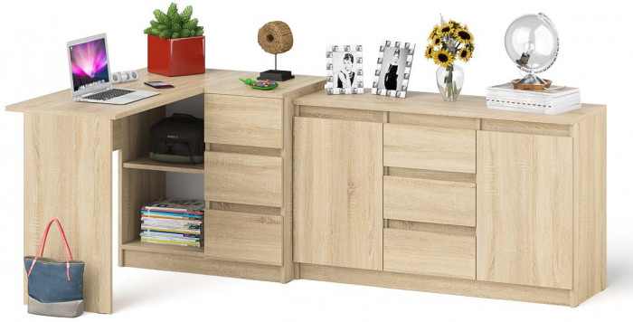Мори Стол компьютерный МС-16 правый + Комод МК1200.3, цвет дуб сонома, ШхГхВ 244,8х84,9х76,6 см., выдвижные ящики справа, НЕ универсальная сборка