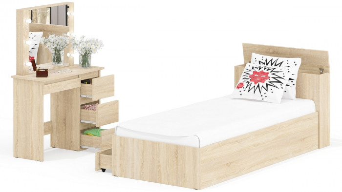 Ксения Кровать с ящиками 0900 + Стол косметический с подсветкой Сура, дуб сонома