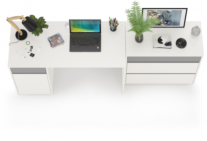 Торонто 12.149 Стол + 13.321 Комод, цвет белый шагрень/стальной серый, ШхГхВ 200х53,1х75,3 см., универсальная сборка