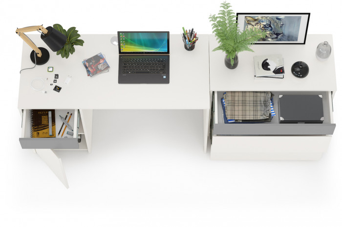 Торонто 12.149 Стол + 13.321 Комод, цвет белый шагрень/стальной серый, ШхГхВ 200х53,1х75,3 см., универсальная сборка