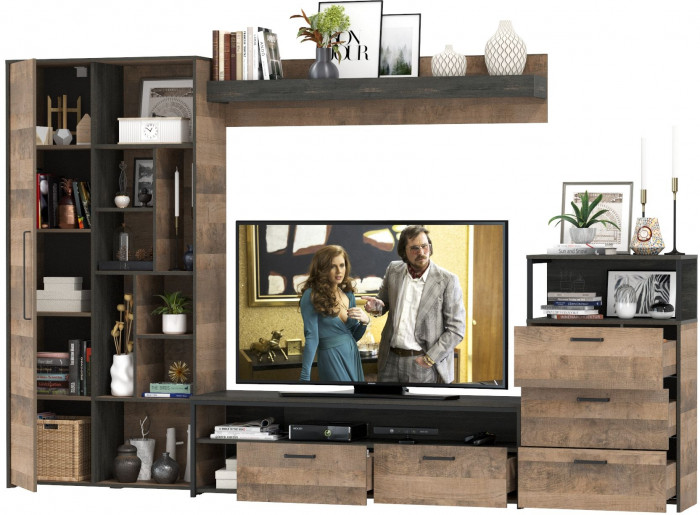 Трувор Гостиная 089, цвет дуб гранж песочный/интра, ШхГхВ 308,8х45,4х194,2 см., универсальная сборка