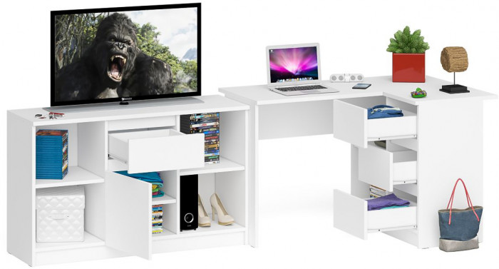 Мори компьютерный стол МС-16 правый + Тумба МТВ1204.1, белый
