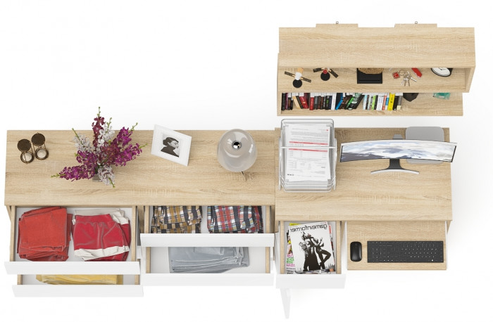 Мори Стол компьютерный МС-1 левый + Комод МК1380.6 + Полка 900, цвет дуб сонома/белый, ШхГхВ 228х50х209,6 см., НЕ универсальная сборка