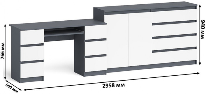Мори компьютерный стол МС-2 + Комод МК1600.1, графит/белый