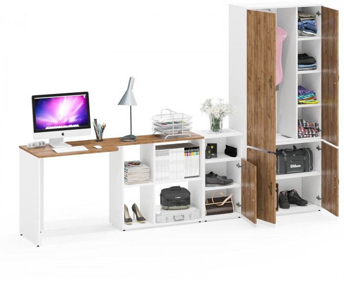 Лидер-8 Стол + Тумба МД 3.19 + Шкаф МД 20Б, белый шагрень/крафт золото