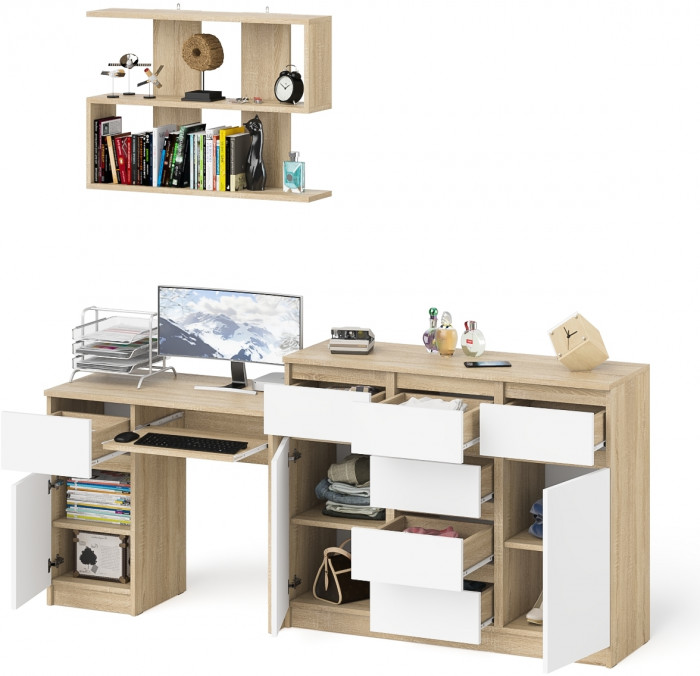 Мори Стол компьютерный МС-1 левый + Комод МК1200.4 + Полка 900, цвет дуб сонома/белый, ШхГхВ 210,4х50х209,6 см., НЕ универсальная сборка