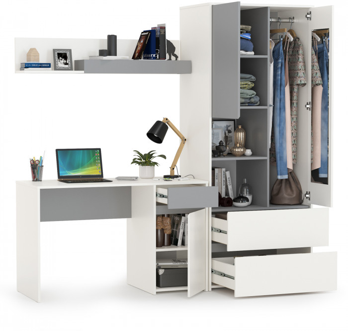 Торонто 12.149 Стол + 13.333 Шкаф для одежды + 16.475 Полка, цвет белый шагрень/стальной серый, ШхГхВ 200х53,1х195,7 см., универсальная сборка