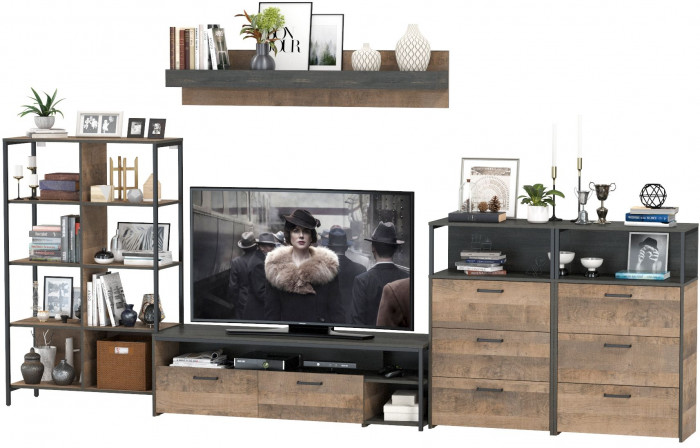 Трувор Гостиная 099, цвет дуб гранж песочный/интра, ШхГхВ 371,8х45,4х195 см., универсальная сборка