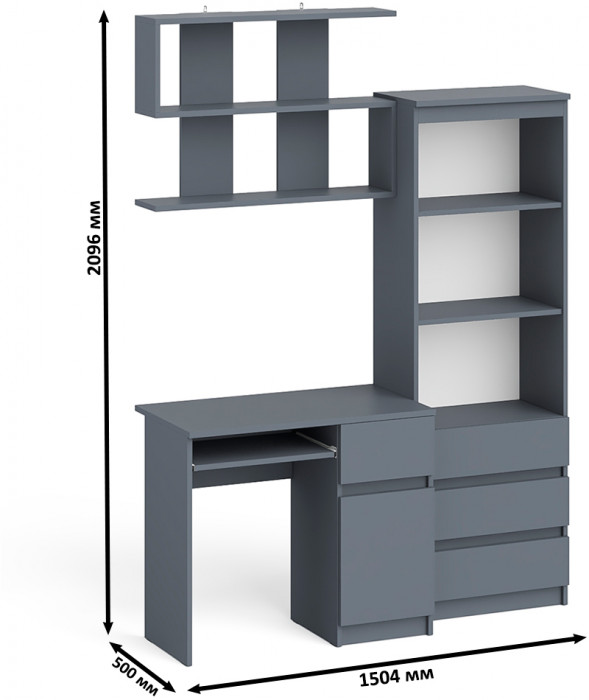 Мори компьютерный стол МС-1 правый + Стеллаж МСТ600.3 + Полка 900, графит