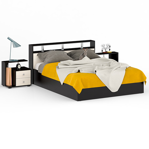 Камелия Кровать 1600 + две тумбы, цвет венге/дуб лоредо, ШхГхВ 276х217х78,2 см., сп.м. 1600х2000 мм., без матраса, основание есть