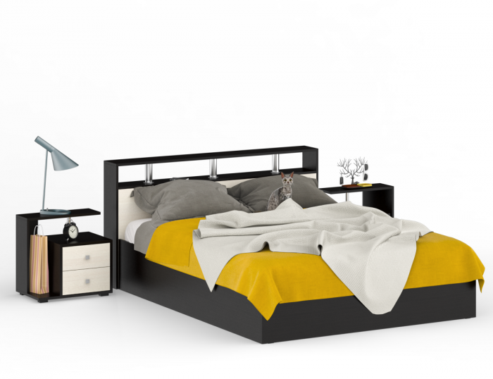 Камелия Кровать 1600 + две тумбы, цвет венге/дуб лоредо, ШхГхВ 276х217х78,2 см., сп.м. 1600х2000 мм., без матраса, основание есть