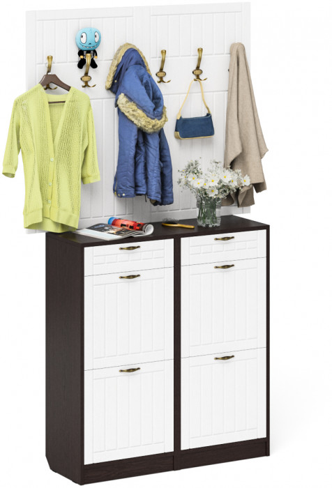 Прихожая П-6 Компоновка № 04, цвет венге/фасады МДФ белое дерево фрезеровка прованс, ШхГхВ 120х35х200 см.