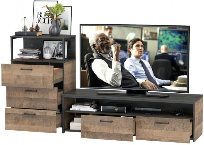 Трувор 13.70 Тумба под ТВ + 13.307.02 Комод с ящиками, дуб гранж песочный/интра