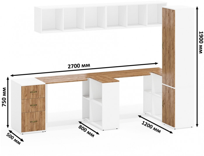 Лидер-8 Стол + Полка + Стол + Полка + Пенал МД 22Б + Тумба МД 3.16, белый шагрень/крафт золото