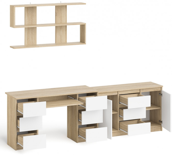 Мори компьютерный стол МС-2 + Комод МК1200.3 + Полка 1200, дуб сонома/белый