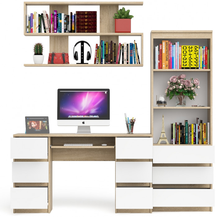 Мори компьютерный стол МС-2 + Стеллаж МСТ600.3 + Полка 1200, дуб сонома/белый