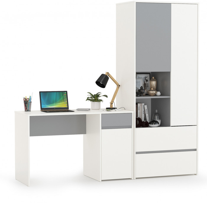 Торонто 12.149 Стол + 13.333 Шкаф для одежды, цвет белый шагрень/стальной серый, ШхГхВ 200х53,1х195,7 см., универсальная сборка