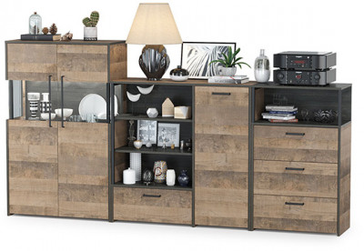 Трувор 13.307.01 Комод + 13.306 Комод с витриной + 13.307.02 Комод с ящиками, цвет дуб гранж песочный/интра, ШхГхВ 260,8х37х135,3 см., ун. сборка