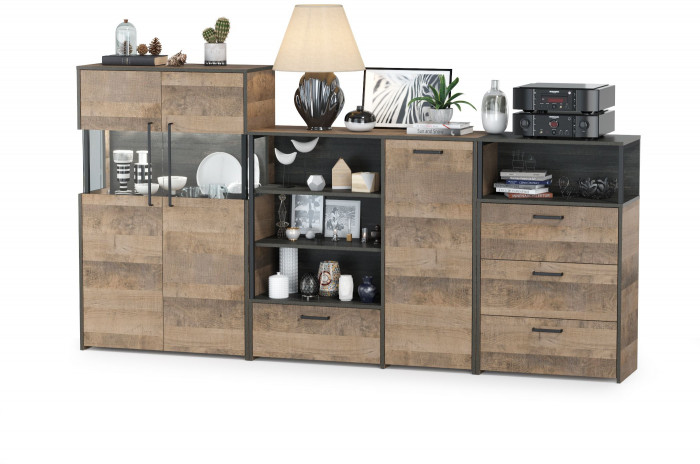 Трувор 13.307.01 Комод + 13.306 Комод с витриной + 13.307.02 Комод с ящиками, цвет дуб гранж песочный/интра, ШхГхВ 260,8х37х135,3 см., ун. сборка