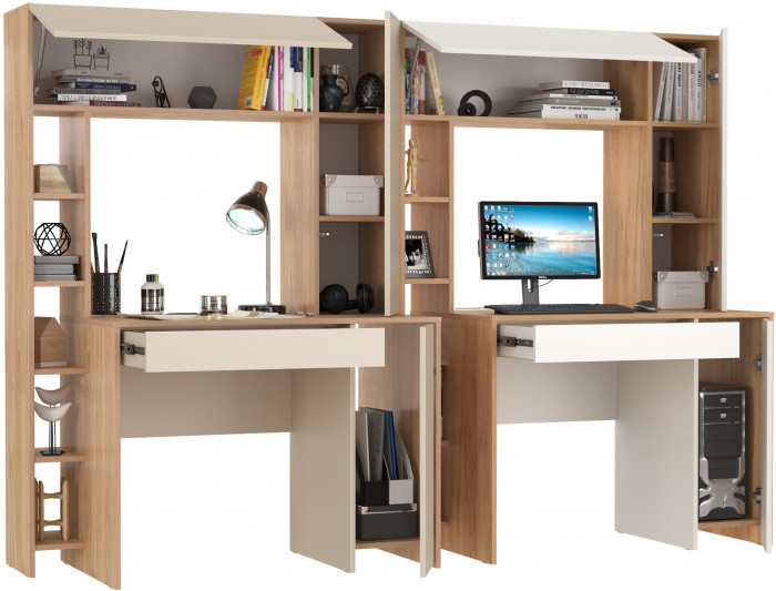 Два стола компьютерных Комфорт 12.71, цвет гикори рокфорд натуральный/сатин/дуб золотой/белый, ШхГхВ 233,4х60,2х165,4 см., НЕ универсальная сборка