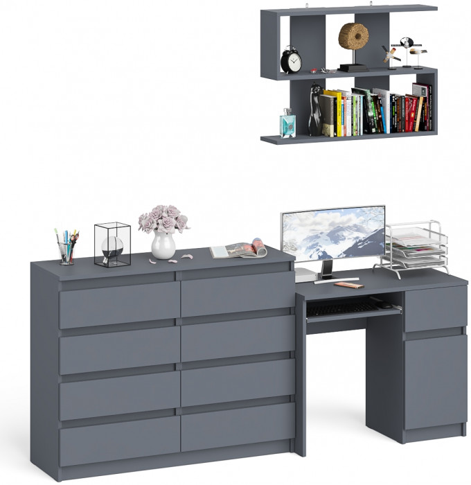Мори Стол компьютерный МС-1 правый + Комод МК1200.8 + Полка 900, цвет графит, ШхГхВ 210,4х50х209,6 см., НЕ универсальная сборка
