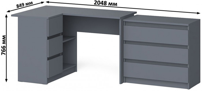 Мори Стол компьютерный МС-16 левый + Комод МК800.1, цвет графит, ШхГхВ 204,8х84,9х76,6 см., выдвижные ящики слева, НЕ универсальная сборка
