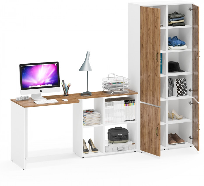 Лидер-8 Стол + Пенал МД 22Б + Пенал МД 22Б, цвет белый шагрень/крафт золото, ШхГхВ 245х50/37,5х75/190 или 115х160/50х75/190 см., НЕ ун. сборка