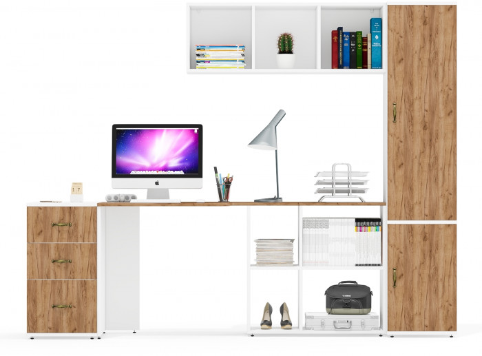 Лидер-8 Стол + Полка + Тумба МД 3.16 + Пенал МД 21Б, цвет белый шагрень/крафт золото, ШхГхВ 245х50/37,5х75/190 или 155х120/50х75/190 см., НЕ ун. сб.