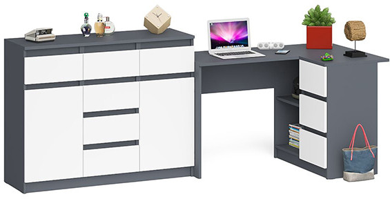 Мори Стол компьютерный МС-16 правый + Комод МК1200.4, цвет графит/белый, ШхГхВ 244,8х84,9х94 см., выдвижные ящики справа, НЕ универсальная сборка