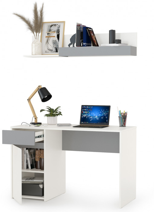 Торонто 12.149 Стол + 16.475 Полка, цвет белый шагрень/стальной серый, ШхГхВ 120х53,1х150 см., универсальная сборка