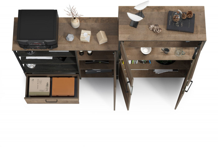 Трувор 13.307.01 Комод + 13.306 Комод с витриной, цвет дуб гранж песочный/интра, ШхГхВ 194,8х37х135,3 см., универсальная сборка