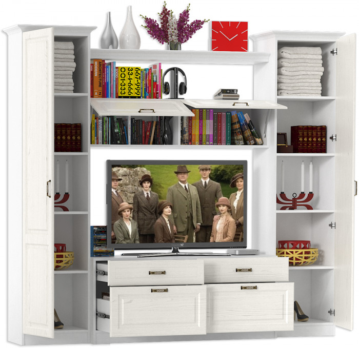 Ливерпуль Набор мебели 2, цвет ясень ваниль/белый, ШхГхВ 240х49,3х220,3 см.(без учёта карниза), ниша для тв 140х49х90 см.