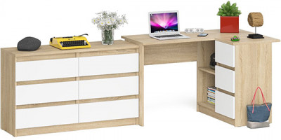 Мори компьютерный стол МС-16 правый + Комод МК1200.6, дуб сонома/белый