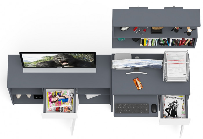 Мори Стол компьютерный МС-1 правый + Тумба МТВ1204.1 + Полка 900, цвет графит/белый, ШхГхВ 210,4х50х209,6 см., НЕ универсальная сборка