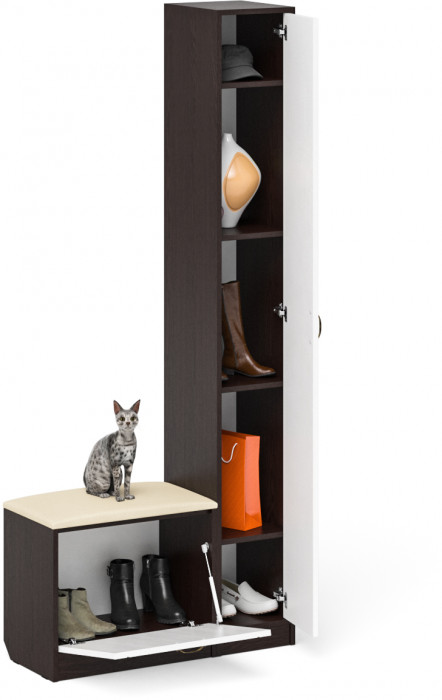 Прихожая П-6 Компоновка № 19, венге/фасады МДФ белое дерево фрезеровка прованс