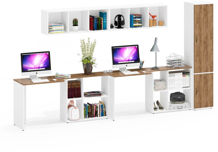 Лидер-8 Стол + Полка + Стол + Полка + Пенал МД 22Б, белый шагрень/крафт золото