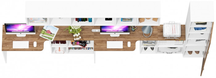 Лидер-8 Стол + Полка + Стол + Полка + Пенал МД 22Б, белый шагрень/крафт золото