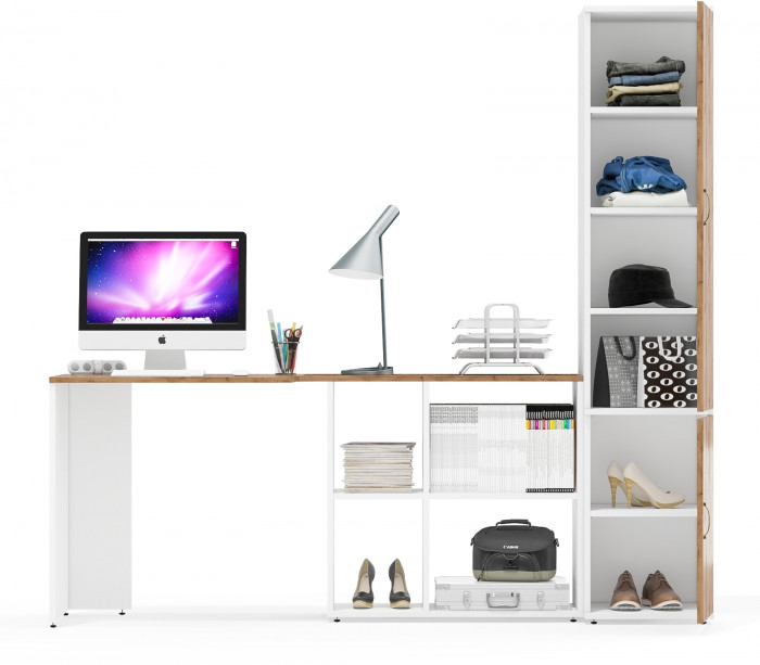 Лидер-8 Стол + Пенал МД 22Б, цвет белый шагрень/крафт золото, ШхГхВ 205х50/37,5х75/190 или 115х50/120х75/190 см., НЕ универсальная сборка